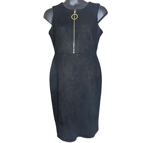 Calvin Klein Women's Black Zip Front Stretch Faux Suede Sheath Dress Size 12 - Picture 1 of 6